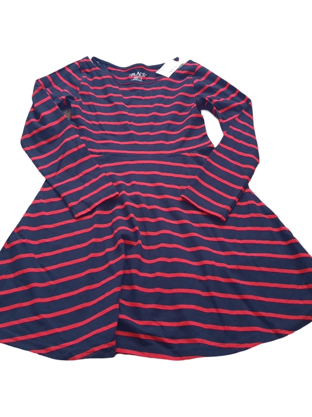 Place Navy and Red Striped Long-Sleeve Twirl Dress